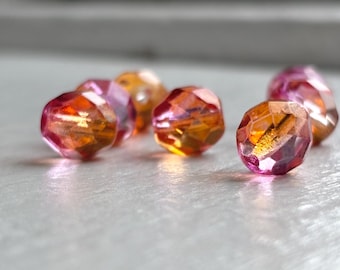 Vintage Czech Glass Faceted Round Two Color Pink Orange Beads 8mm (12)