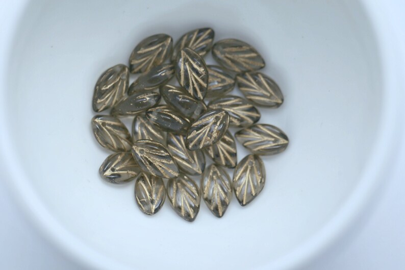 Pressed Czech Glass Gray Grey Gold Leaf Beads Pendant 11mm 20