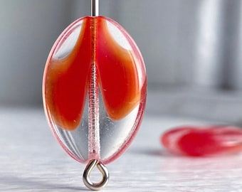 Vintage Czech Glass Red Crystal Givre Marbled Flat Oval Beads 19mm (6)