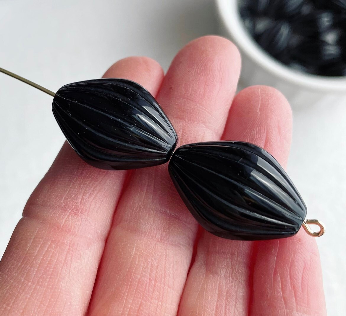 Vintage Lucite Fluted Ribbed Black Oval Bicone Beads 25mm (6)