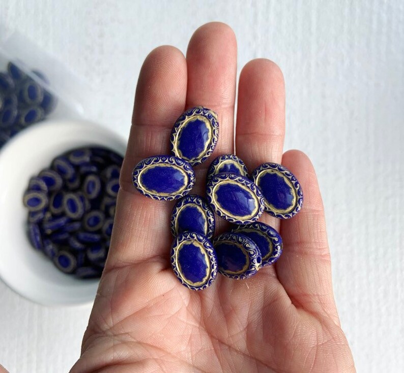 Royal Blue Gold Acrylic Oval Beads Carved Etched 18mm 14