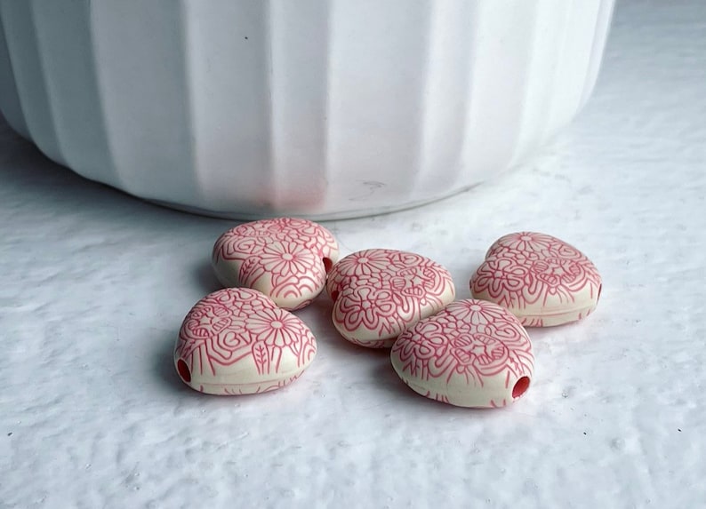 Pink Ivory Etched Heart Opaque Acrylic Beads 16mm 8 image 4