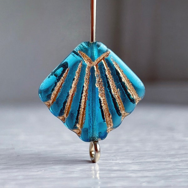 Vintage Czech Glass Flat Diafan Fan Beads Cerulean Blue Gold 17mm (8) Deco Style