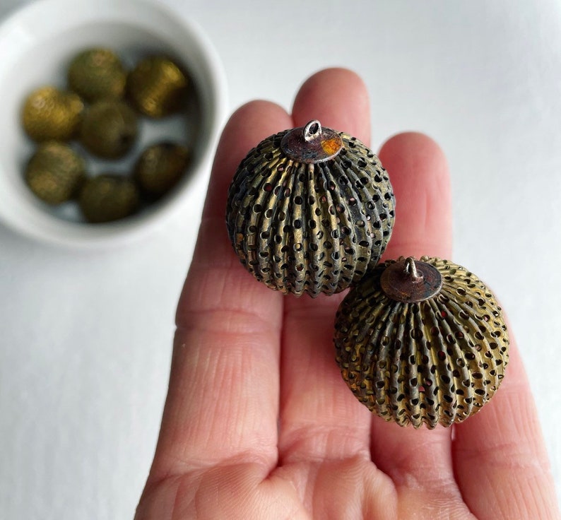 Vintage Fluted Round Large Mesh Brass Beads Corrugated Melon Charms Pendants 29mm 2 image 8