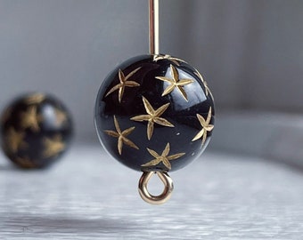 Carved Round Black Gold Acrylic Star Beads Etched 12mm (16)