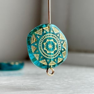 Teal Gold Acrylic Carved Coin Pillow Beads 18mm (12)