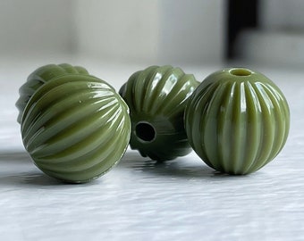 Deep Olive Green Fluted Round Acrylic Beads 14mm (12)