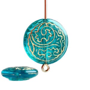 Teal Gold Acrylic Carved Floral Coin Beads 18mm (12)
