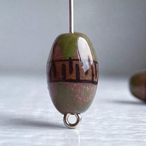 Hand Painted Peruvian Ceramic Porcelain Oval Beads Green Brown 16x10mm (6)