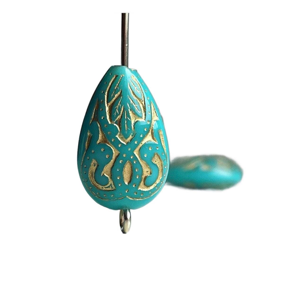 Light Turquoise Gold Etched Carved Teardrop Acrylic Flat Drop Beads 18mm (12)