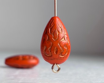 Gold and Orange Carved Acrylic Teardrop Beads Etched Drop 18mm (12)