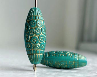 Etched Turquoise Gold Acrylic Oval Acrylic Beads Carved 23mm (16)