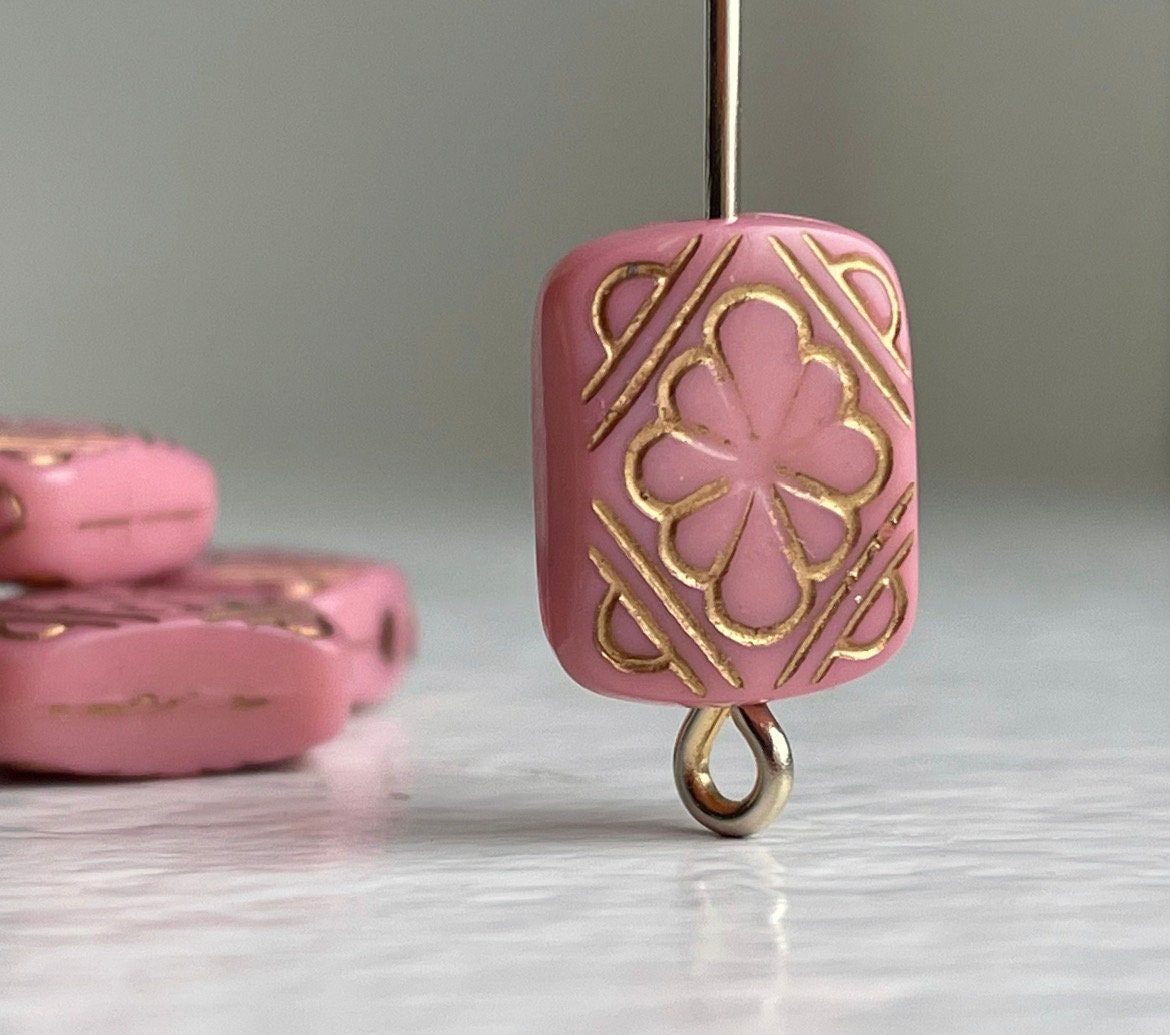 Moroccan Etched Acrylic Rectangle Beads Pink and Gold 