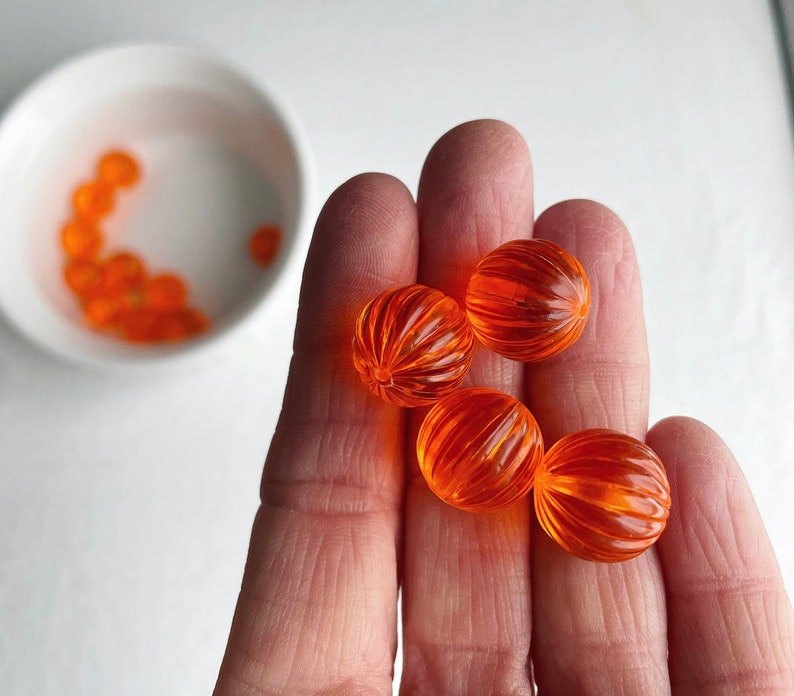 Vintage Lucite Orange Fluted Round Melon Beads 14mm 12 image 6