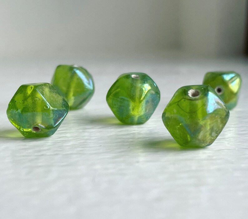 Vintage India Glass Green Baroque Nugget Beads AB 13mm 10 image 4