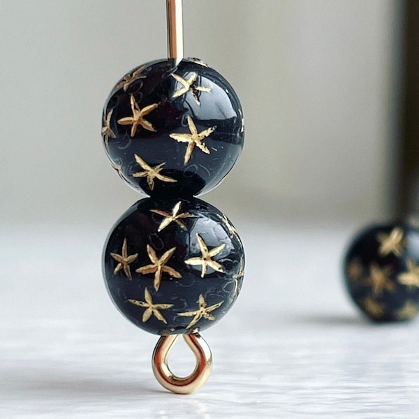 Carved Round Black Gold Acrylic Star Beads 8mm (30)