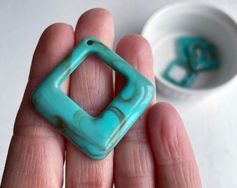 Acrylic Turquoise Brown Marbled Pendant Square Diamond Shaped Beads 42mm (4)