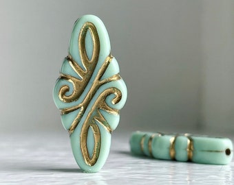 Acrylic Pale Mint Green Gold Etched Carved Ornate Arabesque Oval Beads 14x30mm (10)
