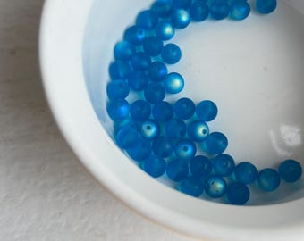 Vintage Czech Glass Round Blue Fire Polished Matte Beads 7mm (16)