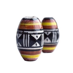 Hand Painted Peruvian Ceramic Porcelain Oval Brown Yellow Black Beads 17x10mm (6)