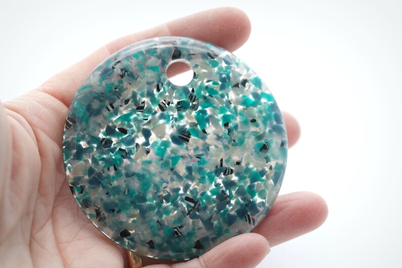 1 HUGE Teal Confetti Round Resin Shell Inclusion Coin Abalone Pendant 66mm