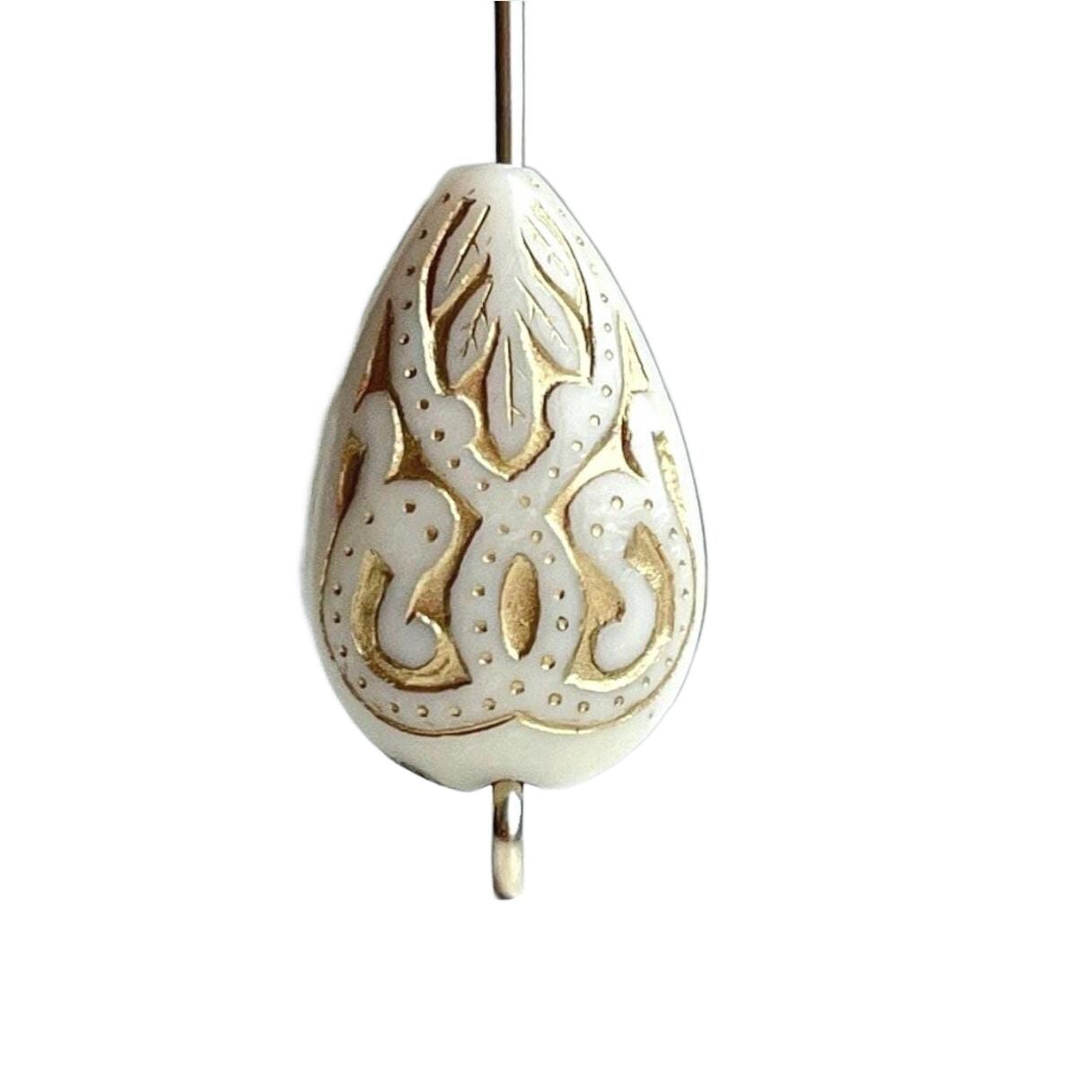 Ivory Gold Flat Acrylic Drop Beads Carved Teardrops 18mm (20)