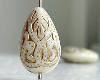 Ivory Gold Flat Acrylic Drop Beads Carved Teardrops 18mm (20)