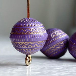 Purple Gold Etched Acrylic Round Beads Carved 11mm 20 image 1