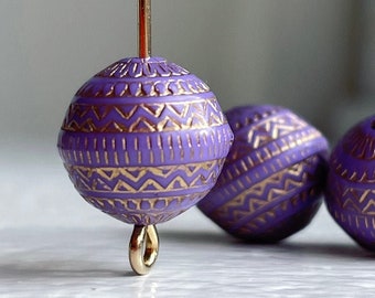 Purple Gold Etched Acrylic Round Beads Carved 11mm (20)