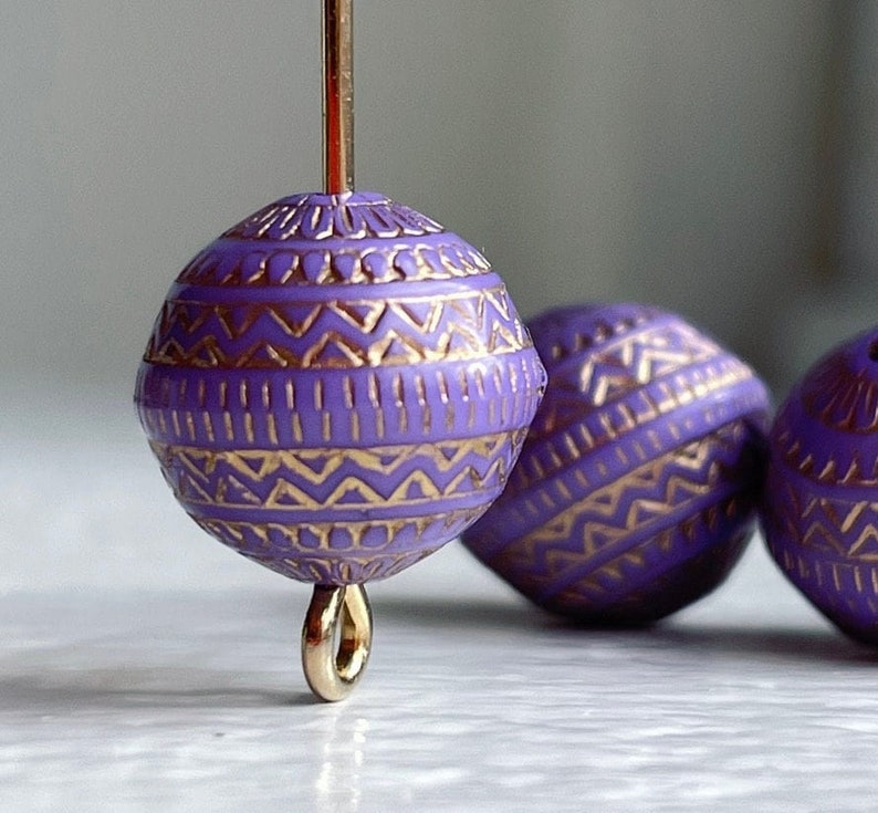 Purple Gold Etched Acrylic Round Beads Carved 11mm 20 image 1
