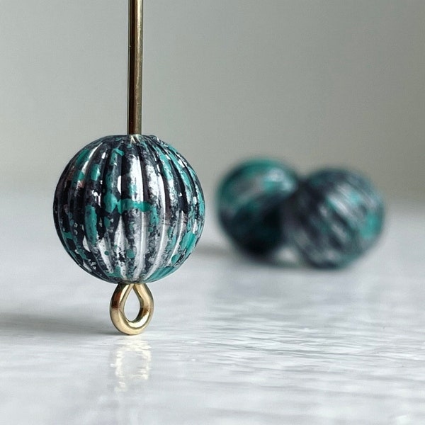 Fluted Round Acrylic Silver Beads Verdigris Corrugated Patina Aged 10mm (20)