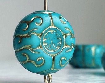 Turquoise Gold Acrylic Coin Etched Pillow Beads Ornate Carved 17mm (10)