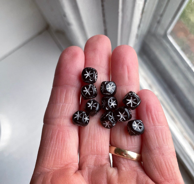 Vintage Black and Silver Etched Czech Glass Square Star Beads 7mm 14 image 2