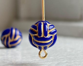 Ornate Royal Blue Gold Round Acrylic Knot Basket Beads Carved 10mm (16)