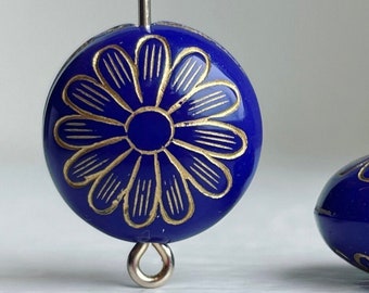 Carved Etched Royal Blue Gold Acrylic Coin Pillow Floral Flower Beads 16mm (16)