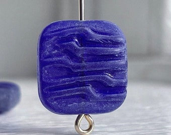 Vintage Czech Glass Beads Royal Blue Carved Matte Square 16mm (6)