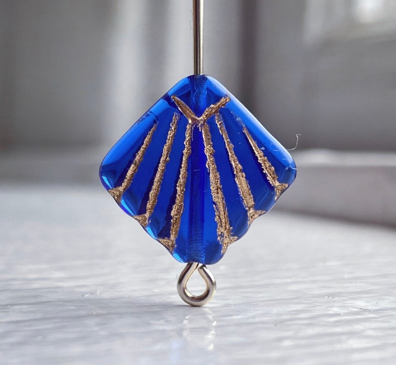 Vintage Czech Glass Flat Diafan Fan Beads Cobalt Blue Gold 17mm 8 Deco Style image 1