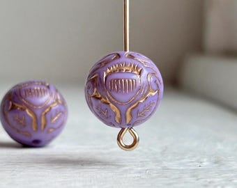 Purple Gold Acrylic Beads Carved Ornate Round 12mm (20)