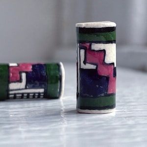 Hand Painted Peruvian Ceramic Porcelain Oval Tube Beads Green Pink White 18mm (6)