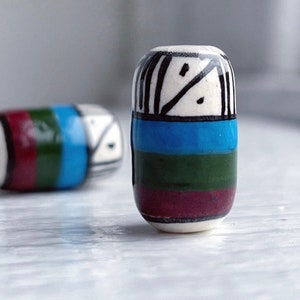 Hand Painted Peruvian Ceramic Porcelain Oval Brown Blue Green Beads 16mm (6)