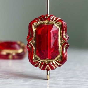 Carved Red Gold Acrylic Rectangle Gem Beads Ornate 18mm (12)