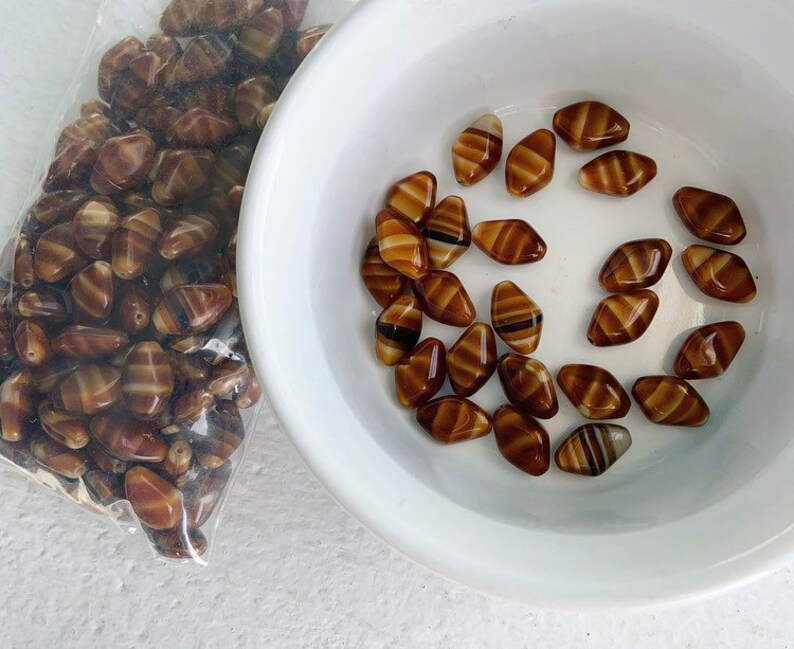 Vintage Czech Glass Beads Brown Cream Marbled Flat Bicone Tiger Eye 15mm 10