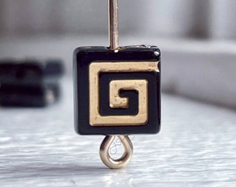 Black Gold Acrylic Carved Flat Square Greek Spiral Beads 8mm (24)