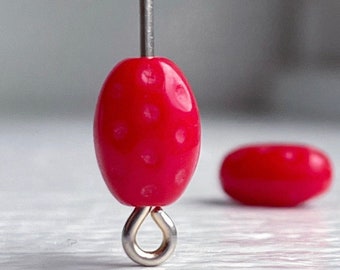Vintage Red Czech Glass Beads Dimpled Oval Rice 9mm (25)