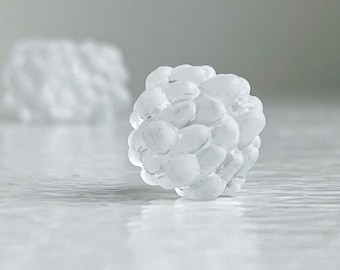 May include: A close-up of a single white frosted raspberry, with a blurry white raspberry in the background.