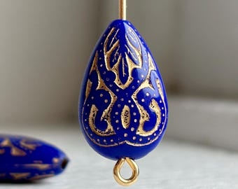 Royal Blue Gold Acrylic Inlay Teardrop Drop Beads 18mm (12)