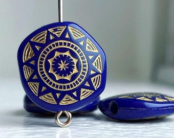 Acrylic Royal Blue And Gold Etched Carved Coin Pillow Beads 18mm (12)