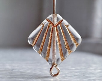 Vintage Czech Glass Flat Diafan Fan Beads Crystal Gold Carved 17mm (8) Deco Style
