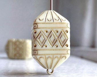 Acrylic Beads Ivory Gold Etched Carved Bicone 27mm HUGE Ornate (4)