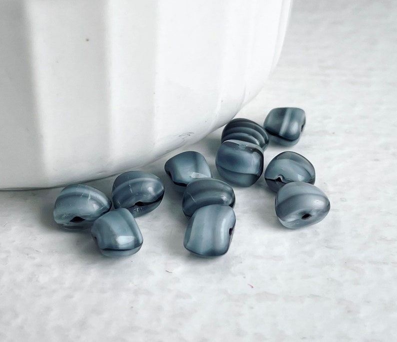 Vintage Czech Glass Beads Gray Black White Marbled Pillow Nugget 8mm 20 image 4